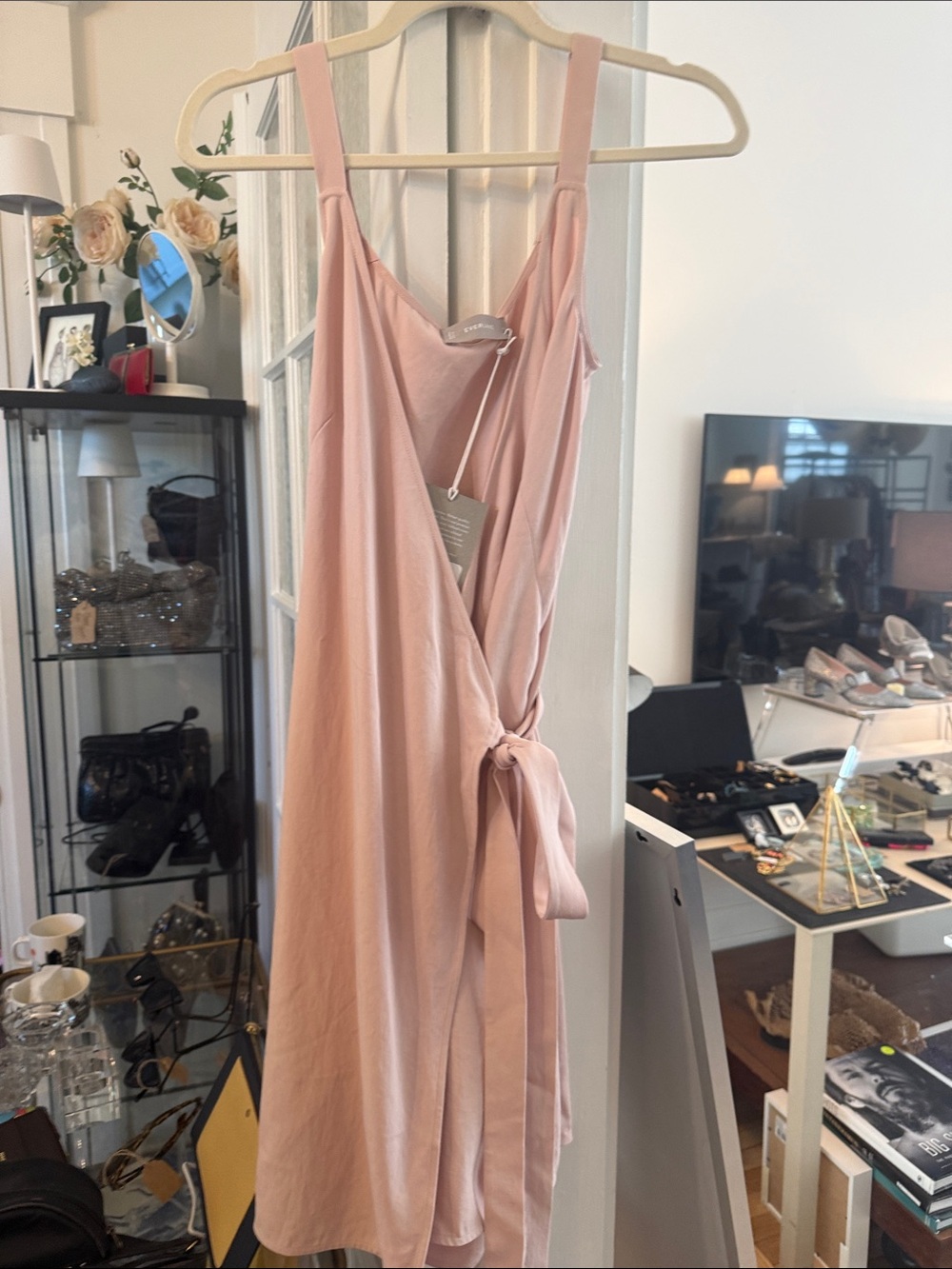 Apron wrap dress with side tie.